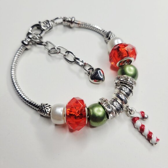 NWT S/M Pandora Style Charm Bracelet Christmas Candy Cane Red, Green, Silver - Picture 3 of 5